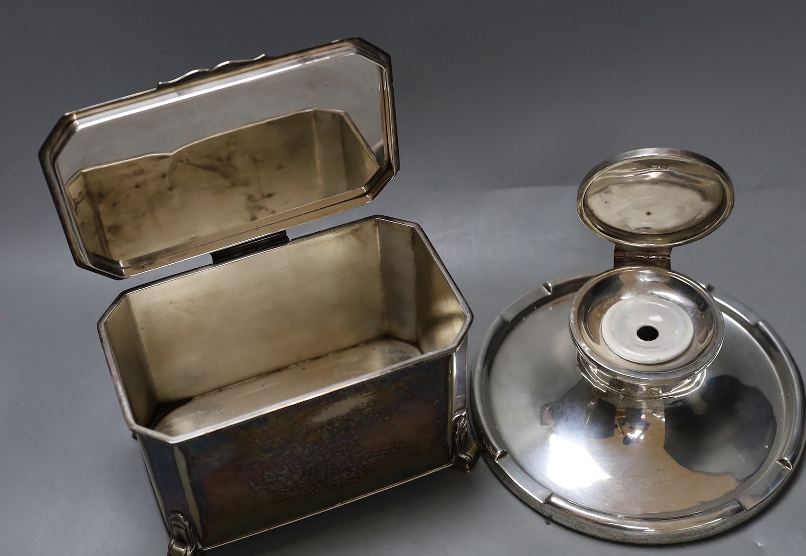 A silver capstan inkwell together with a silver Armada dish, a plated Mappin & Webb box and another plated box